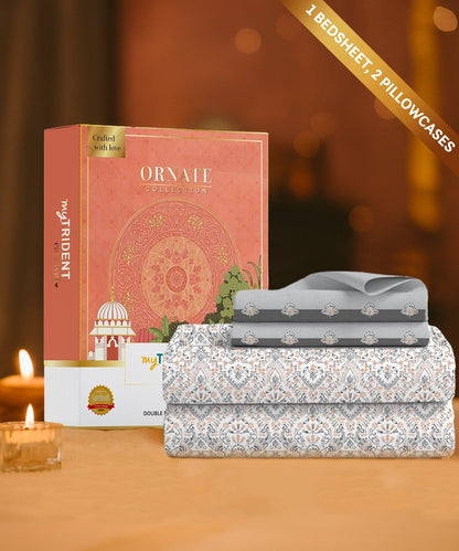 Carnival Ornate Queen Bedsheet, Mehendi Grey |144 TC Cotton| 2 Pillow Covers