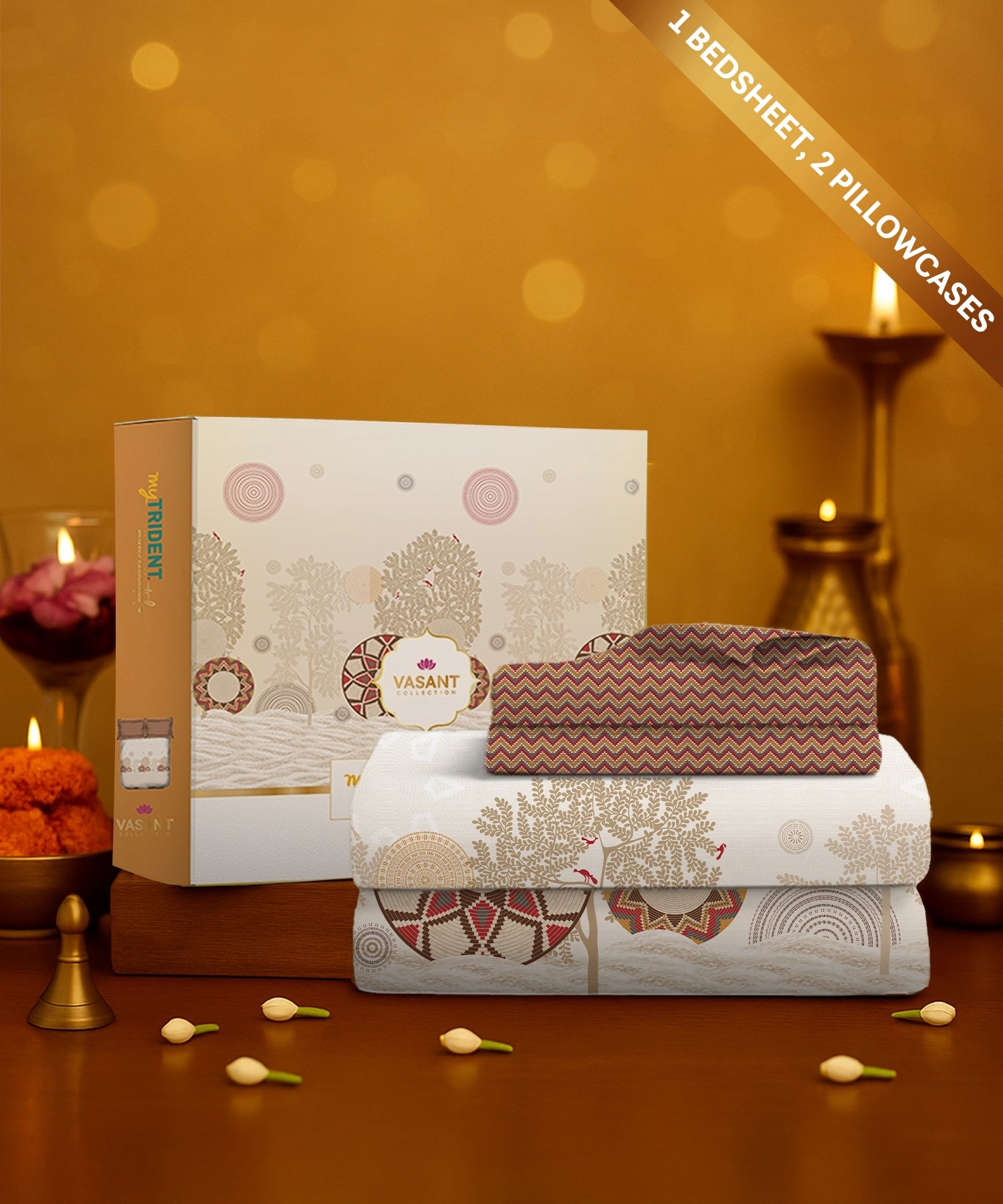Home Essential Vasant King Bedsheet Gift Set|144 TC Cotton |Navvarsh Beige|2 Pillow Covers