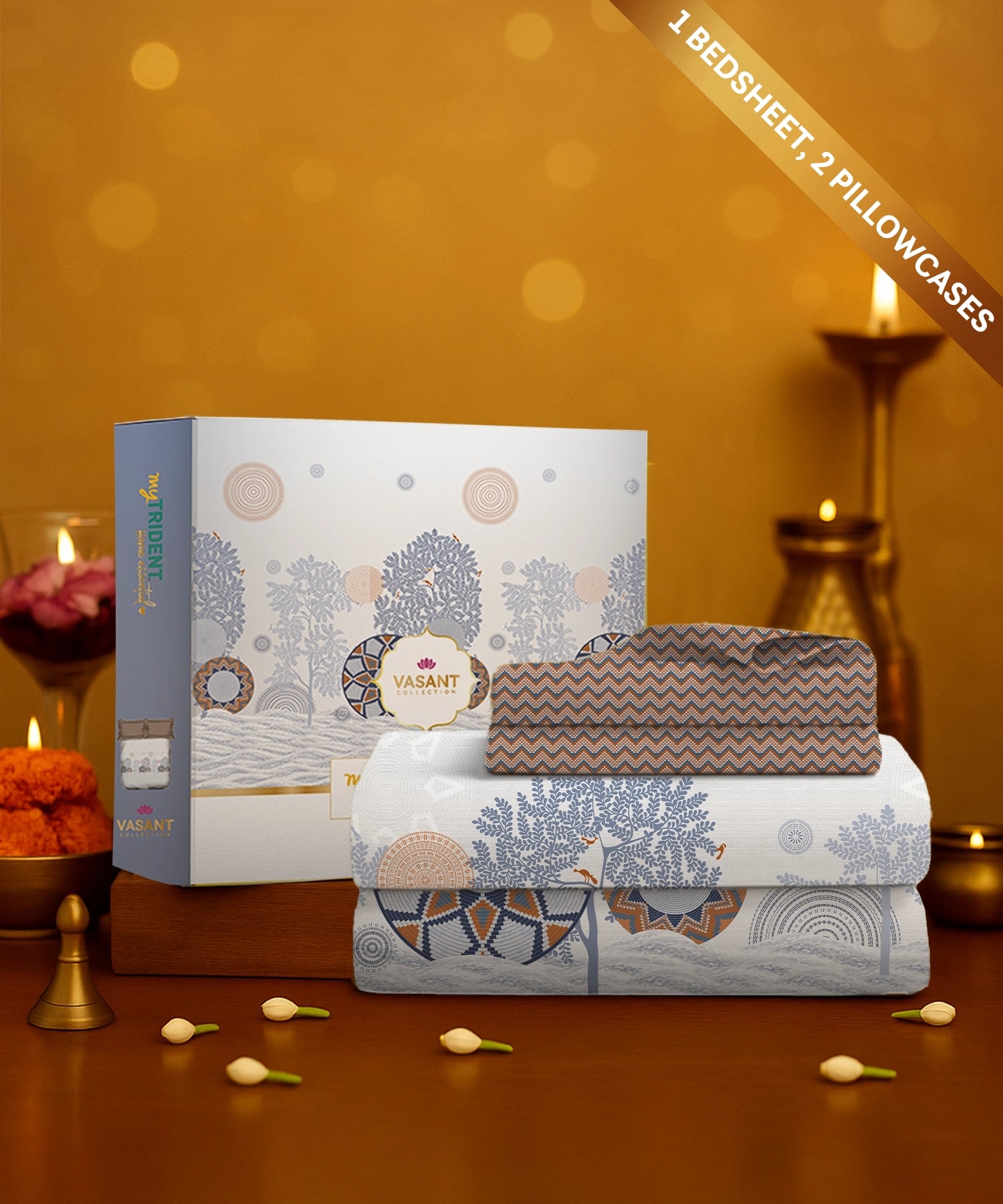 Home Essential Vasant King Bedsheet Gift Set|144 TC Cotton |Navvarsh Blue|2 Pillow Covers