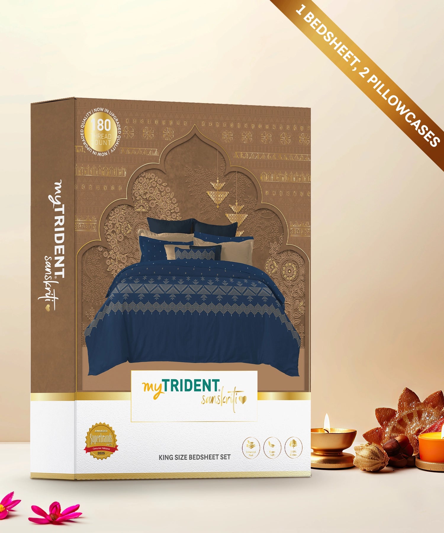 Sanskriti King Bedsheet, Phulkari Blue| 180 TC Cotton| 2 Pillow Covers