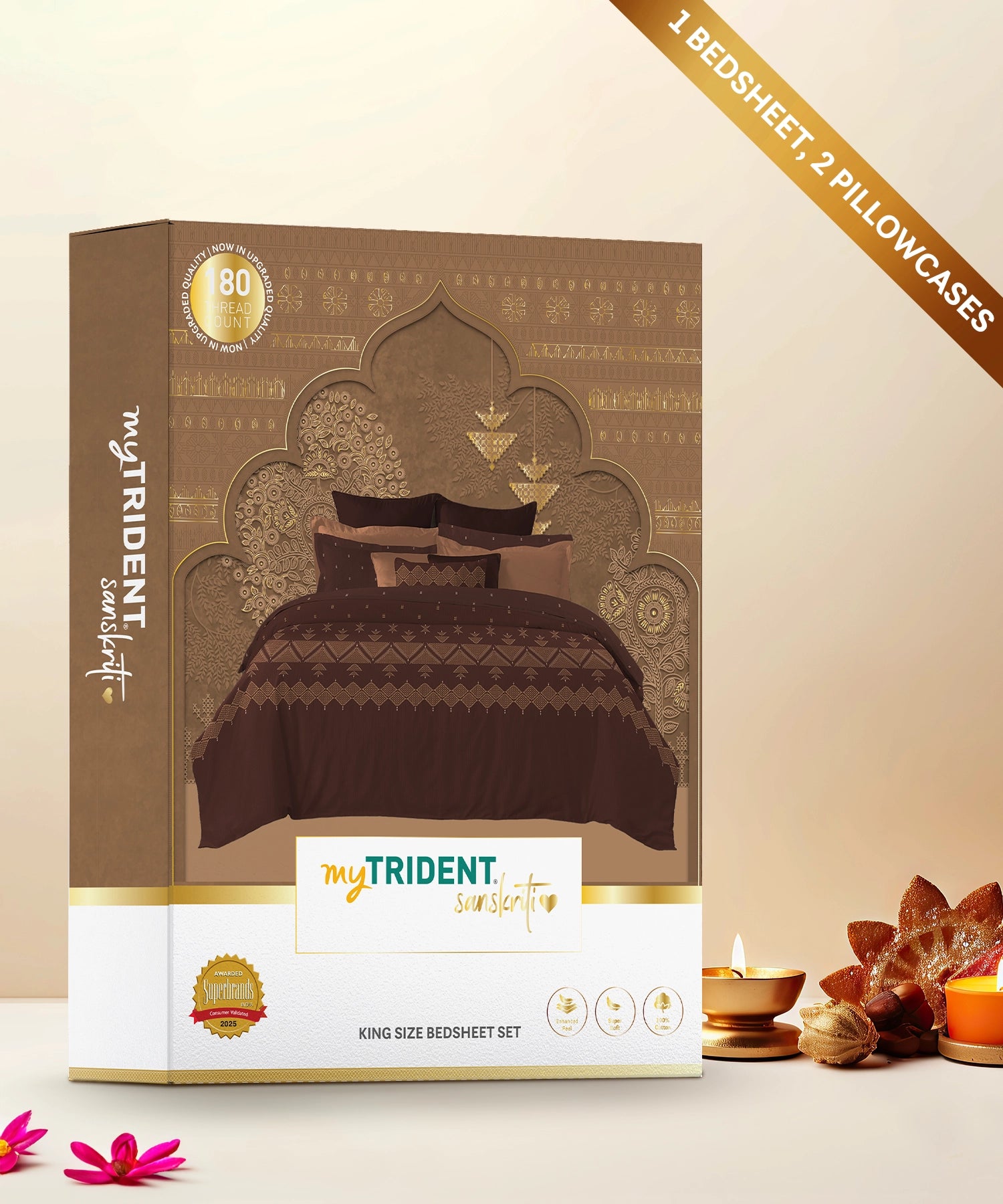 Sanskriti King Bedsheet, Phulkari Brown| 180 TC Cotton| 2 Pillow Covers