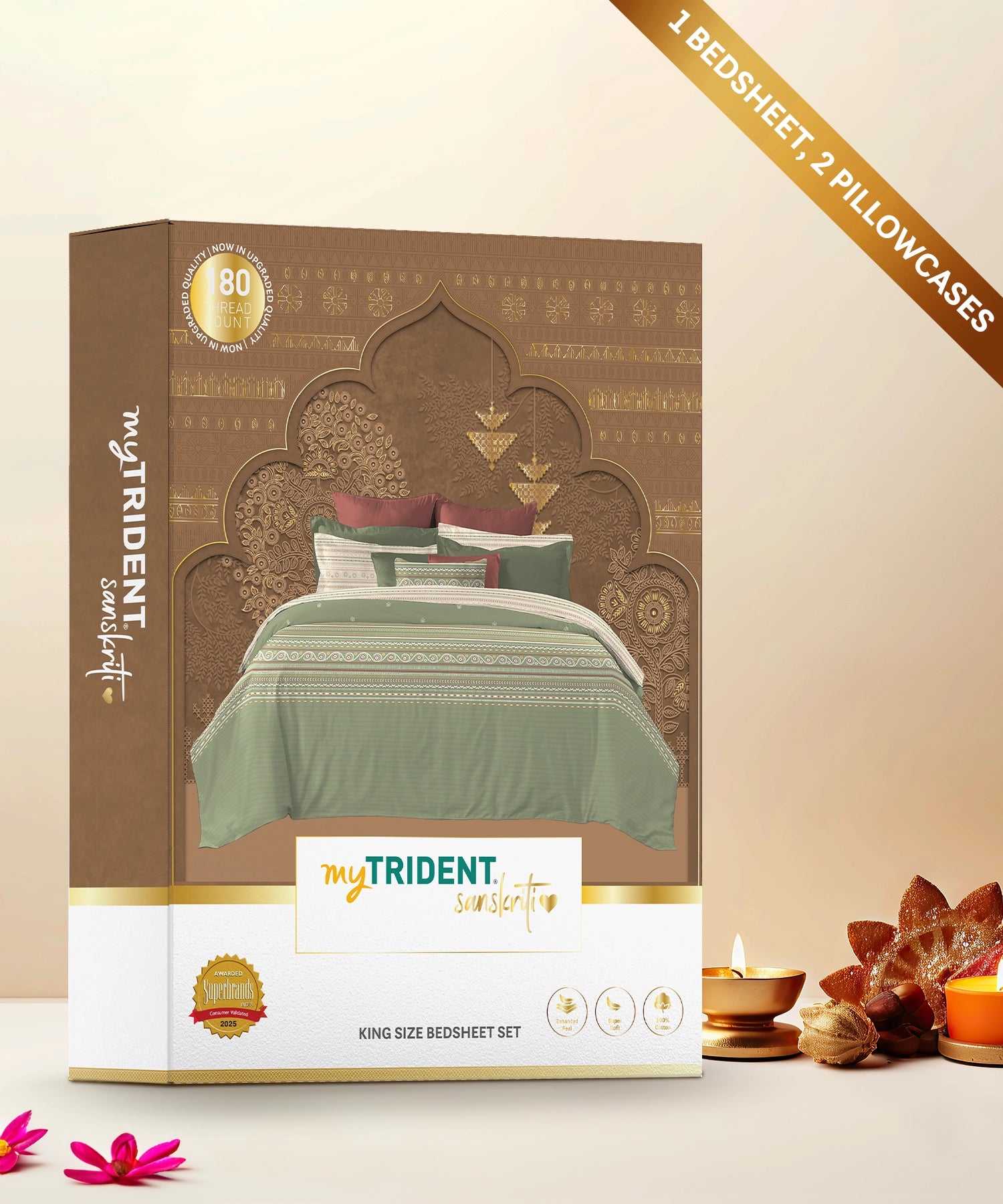 Sanskriti King Bedsheet, Rogan Art Olive| 180 TC Cotton| 2 Pillow Covers