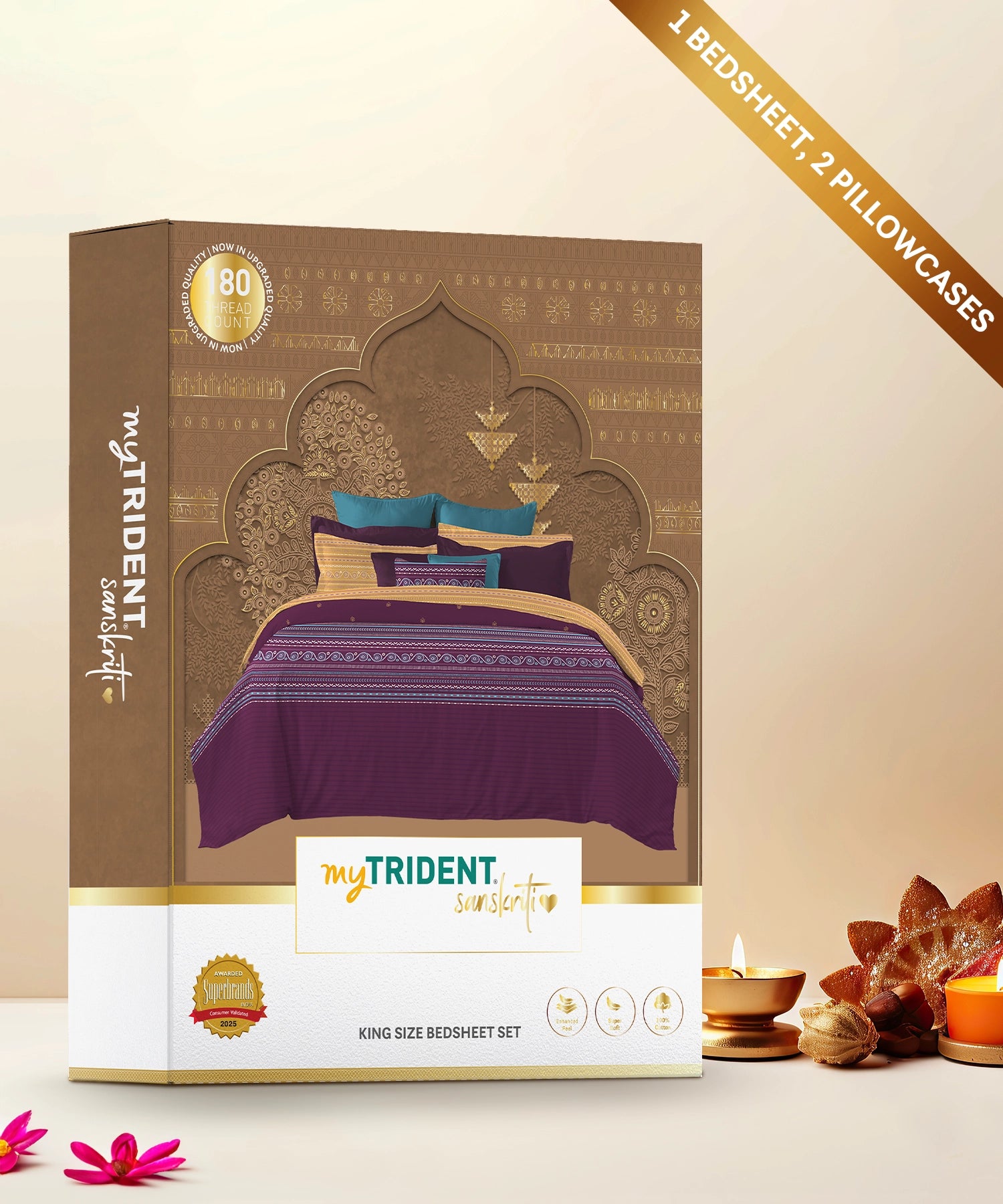 Sanskriti King Bedsheet, Rogan Art Plum| 180 TC Cotton| 2 Pillow Covers