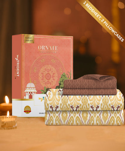 Carnival Ornate Queen Bedsheet, Saaj Mustard |144 TC Cotton| 2 Pillow Covers