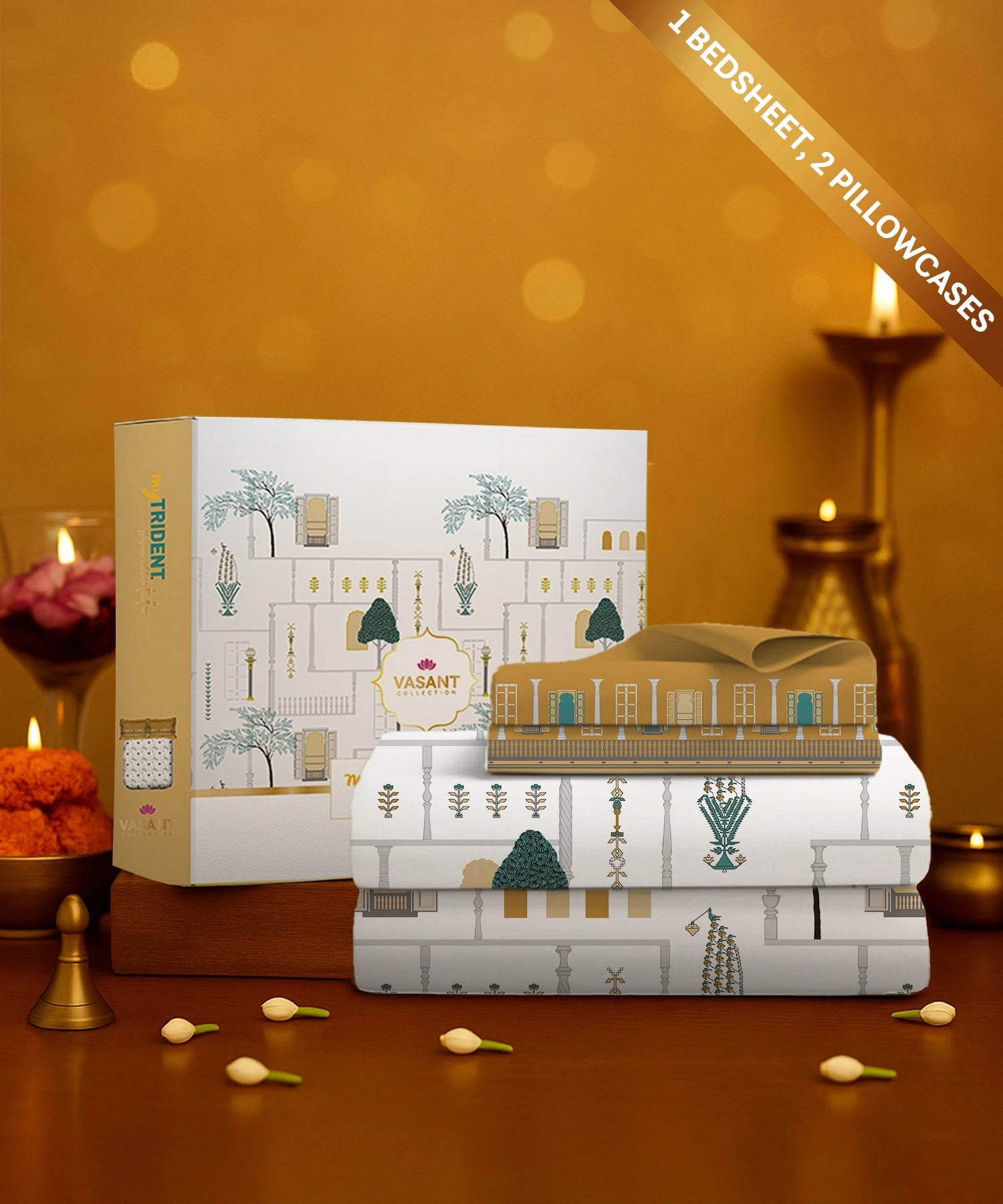 Home Essential Vasant King Bedsheet Gift Set|144 TC Cotton |Siddhi Grey |2 Pillow Covers