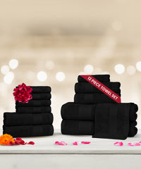 Soft Comfort 12Pc Towel Set, Black|509 GSM Cotton|Air Rich Technology
