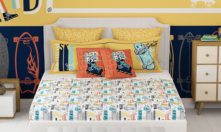 Juniors Double Bedsheet, Streetstyle Skate| 144TC Cotton|2 Pillow Covers & 2 Cushion Covers