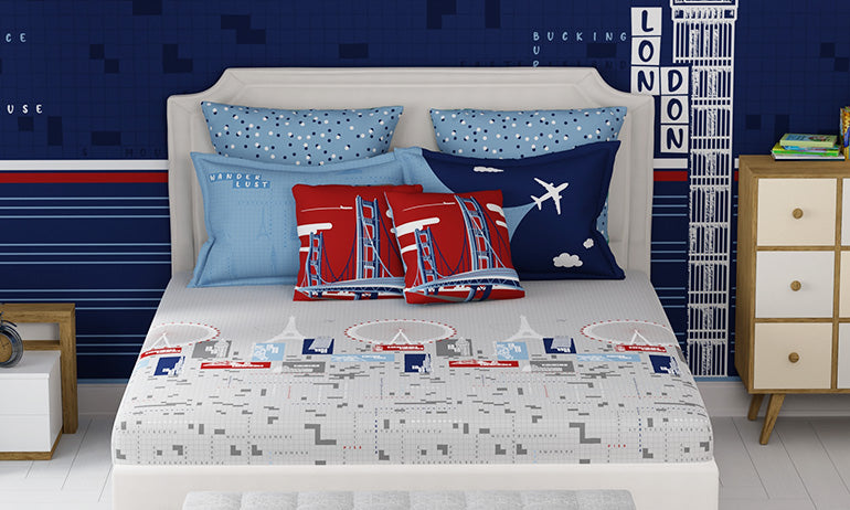 Juniors Double Bedsheet, Crossword| 144TC Cotton|2 Pillow Covers & 2 Cushion Covers