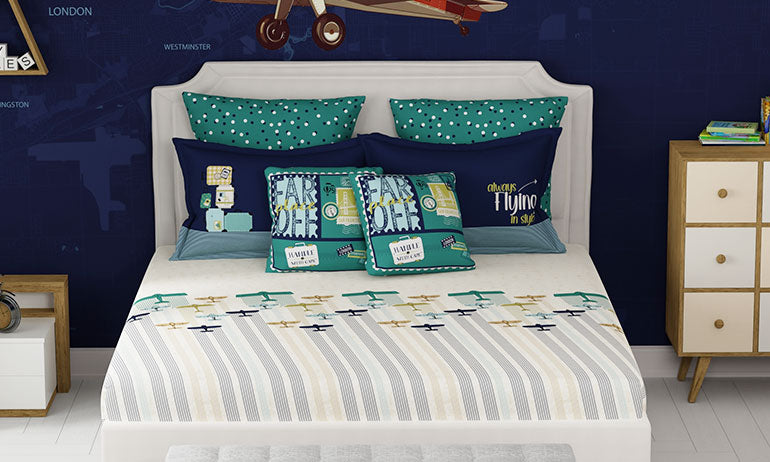 Juniors Double Bedsheet, Passport| 144TC Cotton|2 Pillow Covers & 2 Cushion Covers