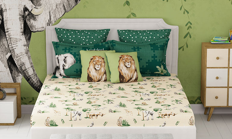 Juniors Double Bedsheet, Jigsaw Jungle| 144TC Cotton|2 Pillow Covers & 2 Cushion Covers