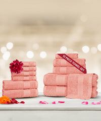 Soft Comfort 12Pc Towel Set, Coral Haze|509 GSM Cotton|Air Rich Technology