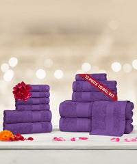Soft Comfort 12Pc Towel Set, Plum|509 GSM Cotton|Air Rich Technology