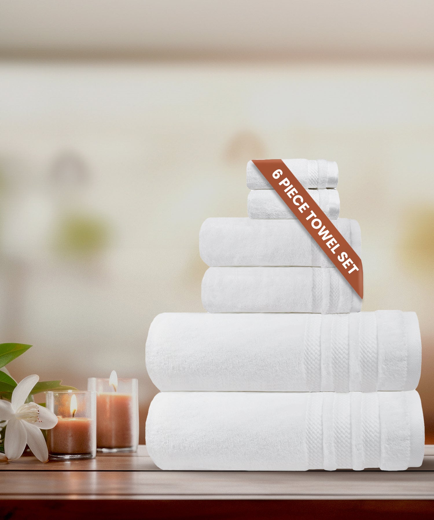 Luxury 6 Piece Bath Towel Set, 625 Gsm,White