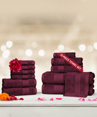 Soft Comfort 12Pc Towel Set, Red Wine|509 GSM Cotton|Air Rich Technology